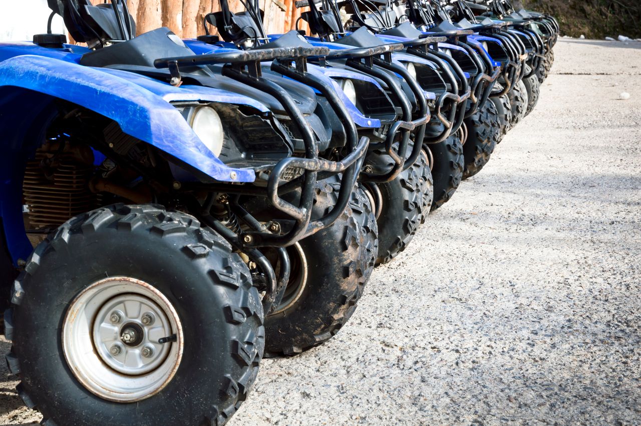 gallery-4 Lineup of blue ATVs parked outdoors, perfect for an off-road adventure.